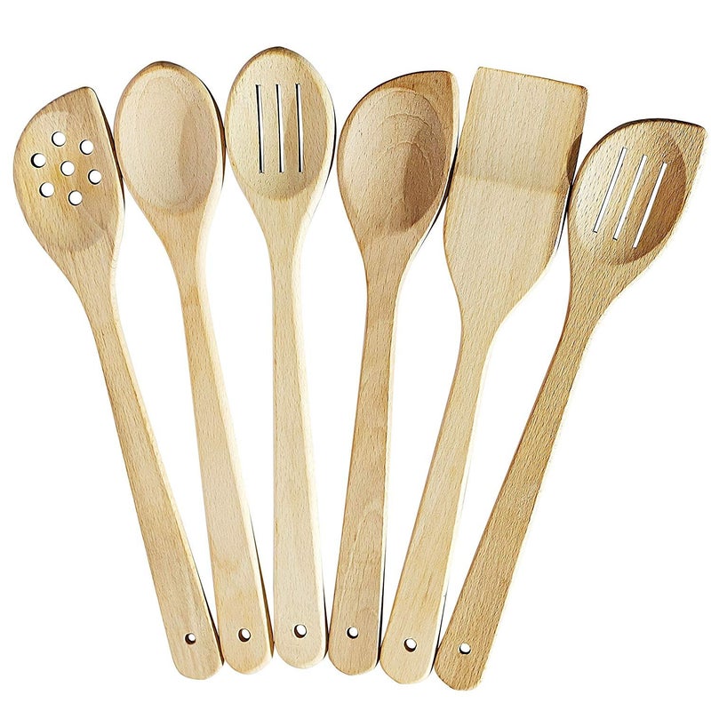 ECOSALL Healthy Wooden Spoons For Cooking Set of 6. Safe and Reliable Cooking Utensils for Kitchen â€“ 100% Natural Nonstick Wood Spatula Spoon For Scraping, Stirring, Serving â€“ Uncoated Solid Hardwood - Image 1